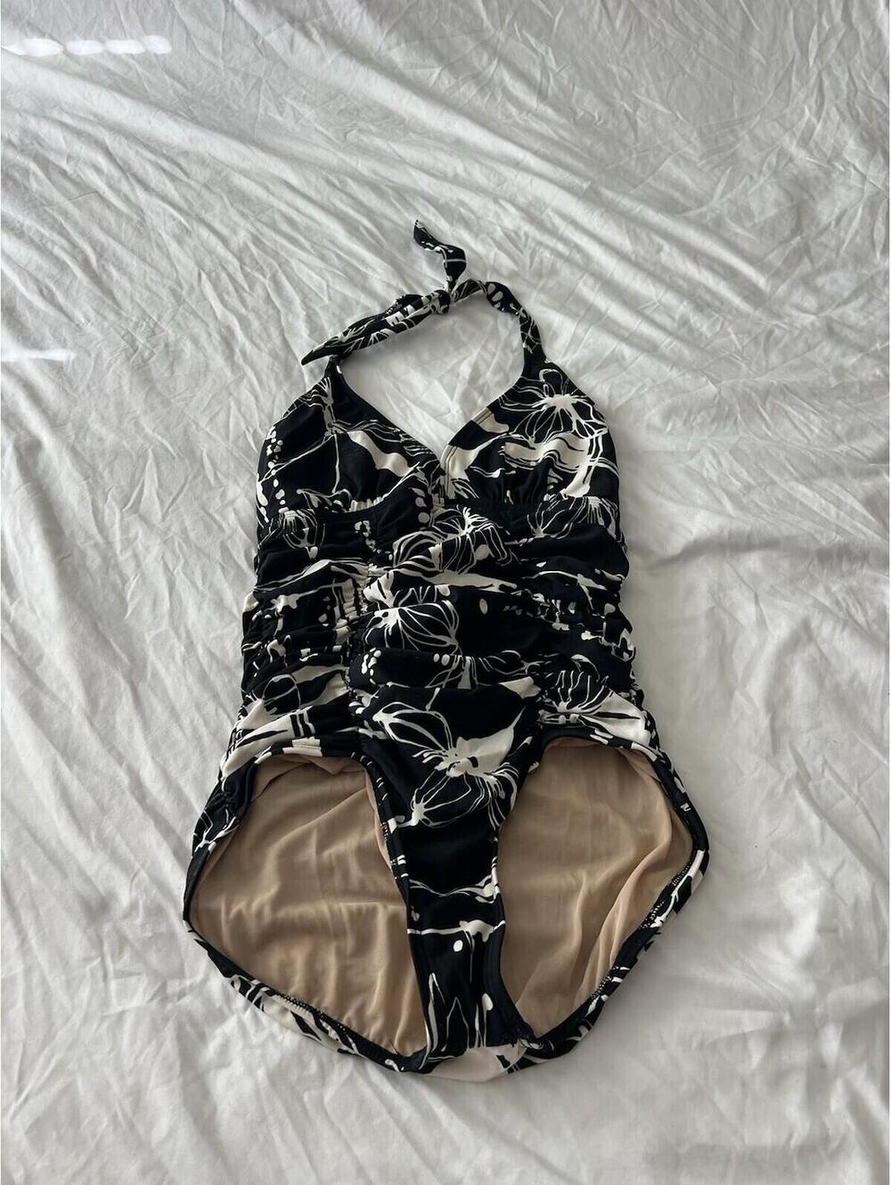 Aerin Rose Swimsuit Size 8 One Piece Halter Black Floral 381